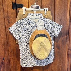 Tommy Bahama Kids Blue Floral Shirt with Tan Shorts and Straw Hat